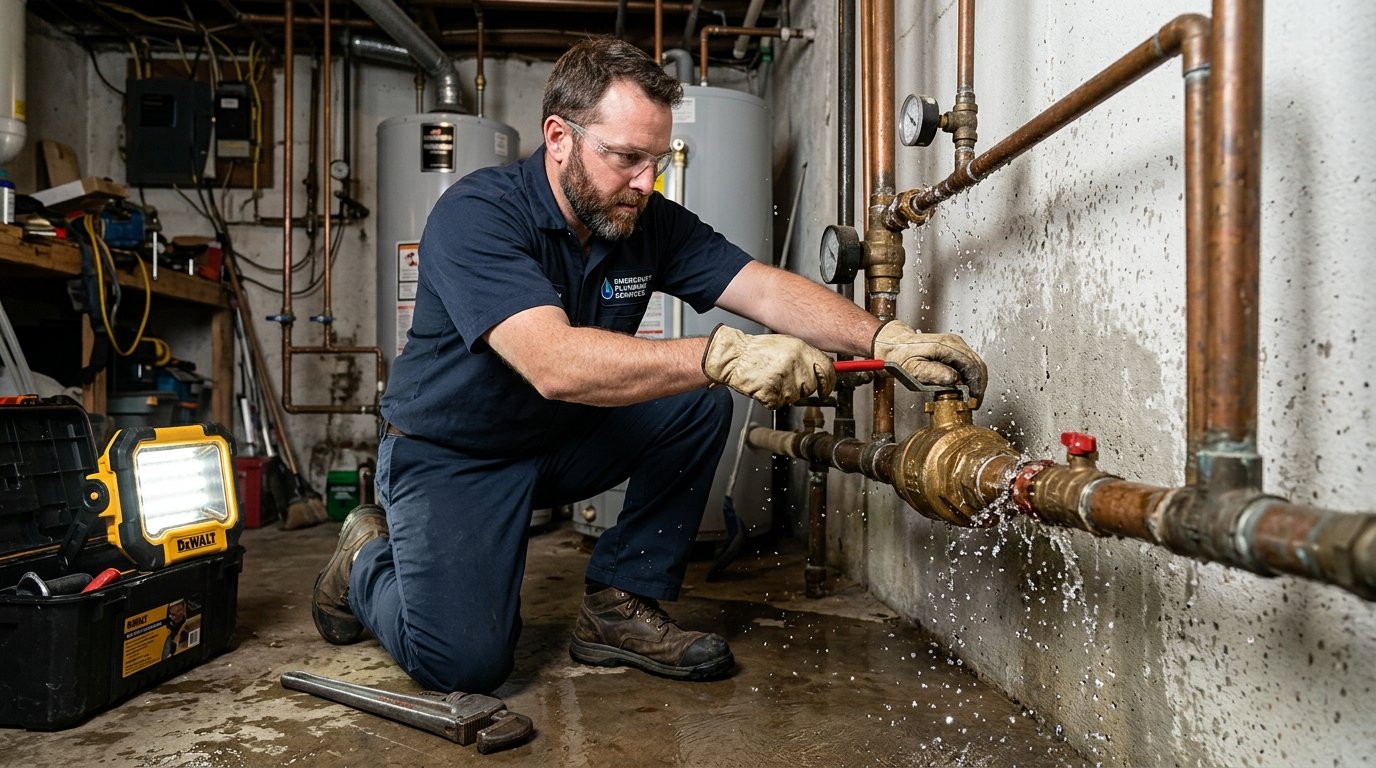 Emergency plumbing technician shutting off high pressure water leak in utility space