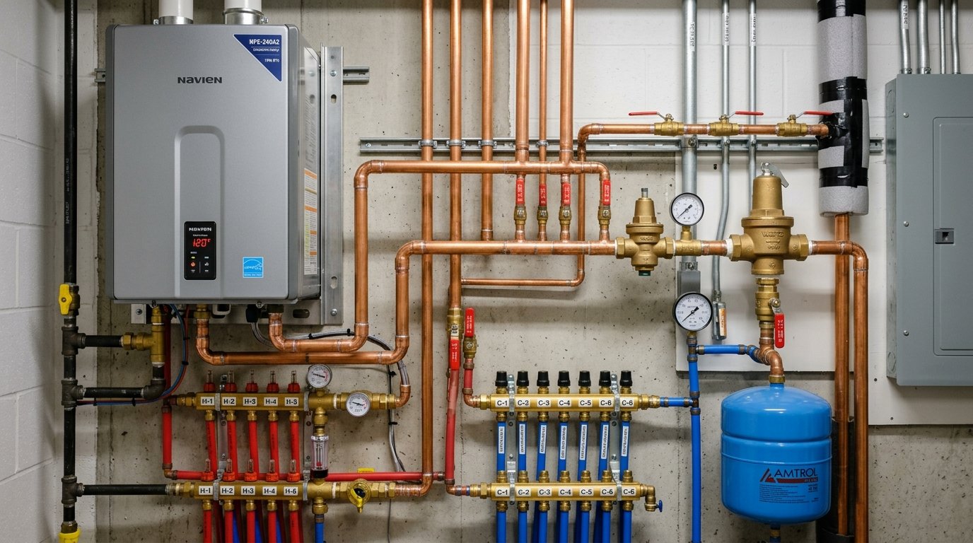 High-efficiency modern water heating and precision copper and PEX plumbing equipment