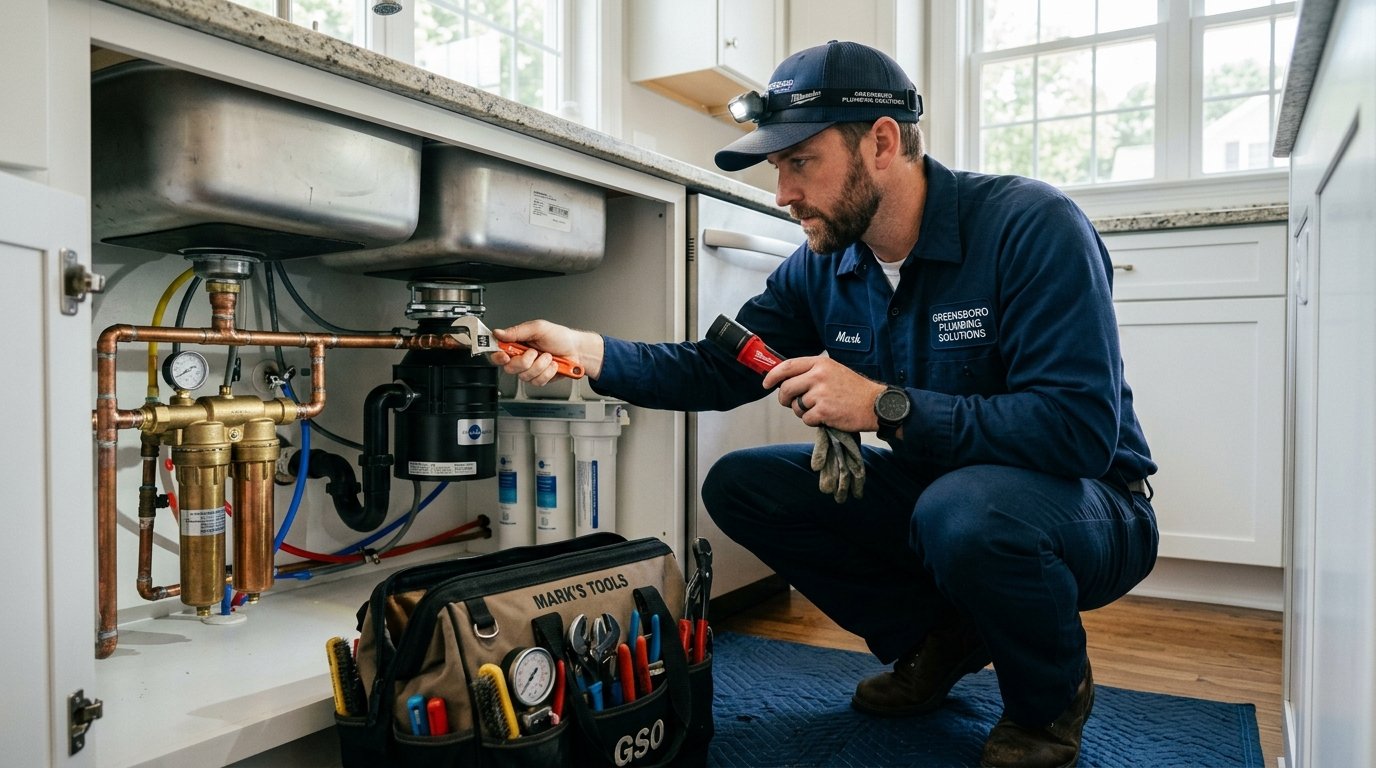 Licensed professional plumber diagnosing residential sink and drain plumbing infrastructure